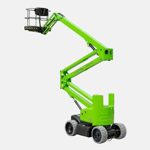Green telescopic boom lift on a white background